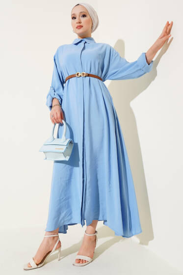 Gizli Düğmeli Kemerli Elbise Bebe Mavi - Elbise
