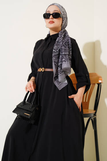 Gizli Düğmeli Kemerli Elbise Siyah - Elbise
