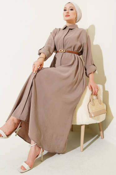 Gizli Düğmeli Kemerli Elbise Vizon - Elbise