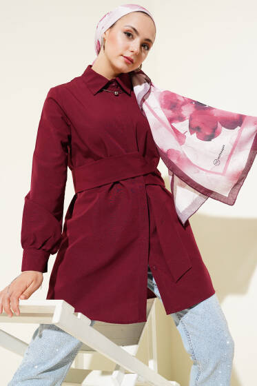 Gizli Düğmeli Kendinden Kuşaklı Gömlek Bordo - Gömlek