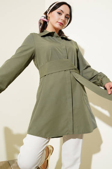 Gizli Düğmeli Kendinden Kuşaklı Gömlek Haki - Gömlek