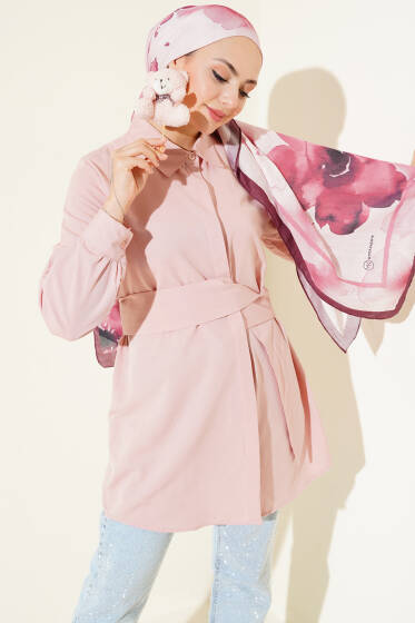 Gizli Düğmeli Kendinden Kuşaklı Gömlek Pudra - Gömlek