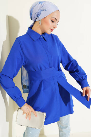 Gizli Düğmeli Kendinden Kuşaklı Gömlek Saks - Gömlek