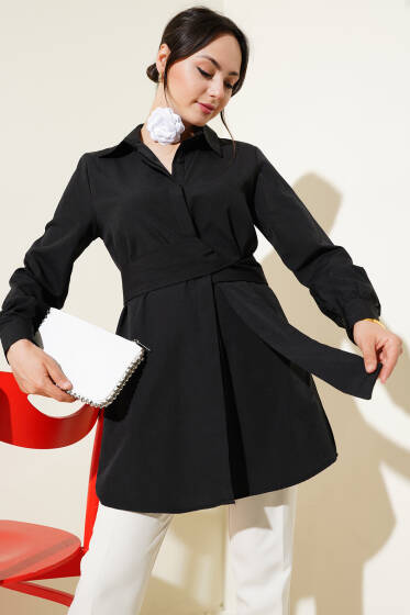 Gizli Düğmeli Kendinden Kuşaklı Gömlek Siyah - Gömlek