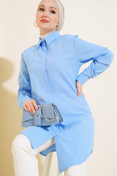 Gizli Düğmeli Keten Gömlek Mavi - Gömlek