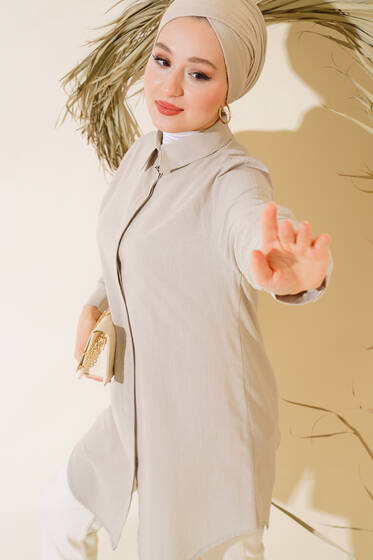 Gizli Düğmeli Keten Gömlek Taş - Gömlek