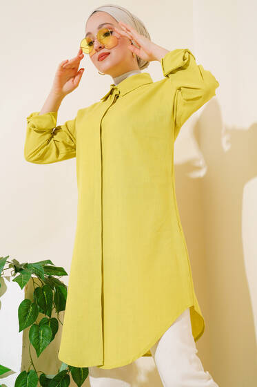 Gizli Düğmeli Keten Gömlek Yağ Yeşili - Gömlek