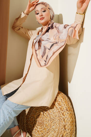 Gizli Düğmeli Klasik Gömlek Bej - Yılın Fırsatı 