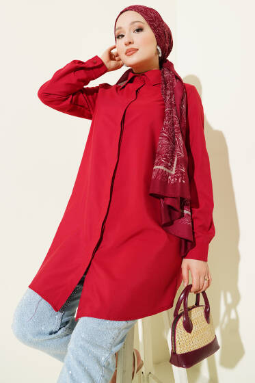 Gizli Düğmeli Klasik Gömlek Bordo - Yılın Fırsatı 