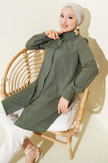 Gizli Düğmeli Klasik Gömlek Haki - Yılın Fırsatı 