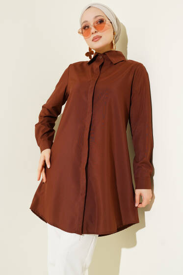 Gizli Düğmeli Klasik Gömlek Kahve - Yılın Fırsatı 