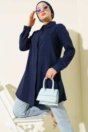 Gizli Düğmeli Klasik Gömlek Lacivert - Yılın Fırsatı 