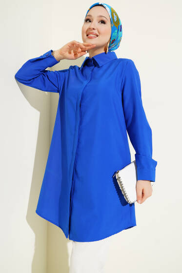 Gizli Düğmeli Klasik Gömlek Saks - Yılın Fırsatı 