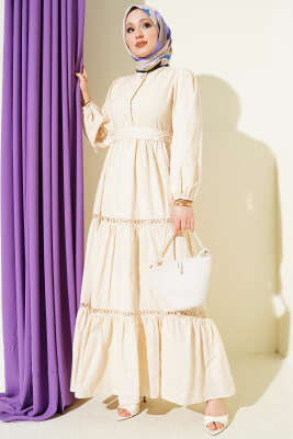 Gizli Düğmeli Kuşaklı Elbise Bej - AFRA