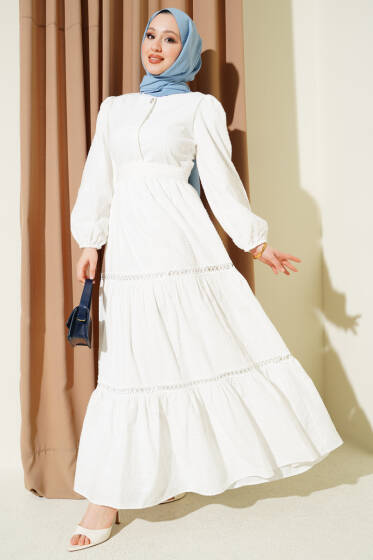 Gizli Düğmeli Kuşaklı Elbise Beyaz - Elbise