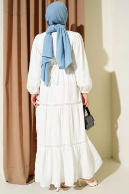 Gizli Düğmeli Kuşaklı Elbise Beyaz - Elbise