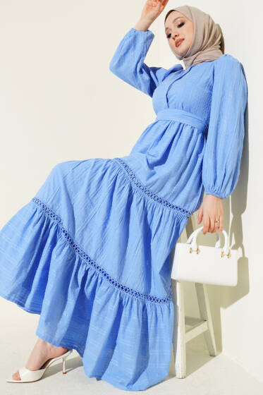 Gizli Düğmeli Kuşaklı Elbise Mavi - Elbise