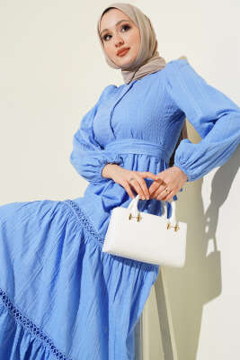 Gizli Düğmeli Kuşaklı Elbise Mavi - Elbise