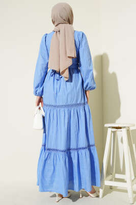 Gizli Düğmeli Kuşaklı Elbise Mavi - Elbise