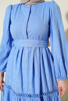Gizli Düğmeli Kuşaklı Elbise Mavi - Elbise