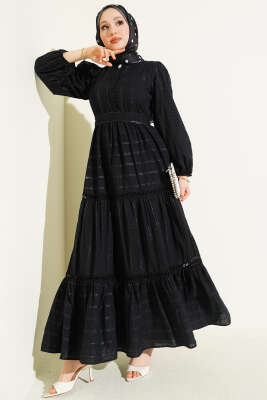 Gizli Düğmeli Kuşaklı Elbise Siyah - AFRA