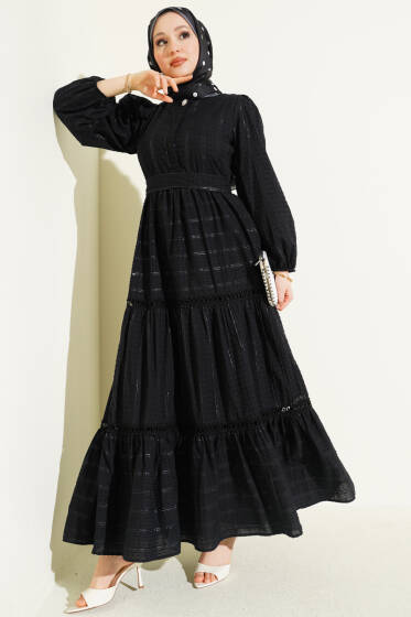 Gizli Düğmeli Kuşaklı Elbise Siyah - Elbise