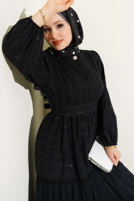 Gizli Düğmeli Kuşaklı Elbise Siyah - Elbise