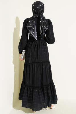 Gizli Düğmeli Kuşaklı Elbise Siyah - Elbise