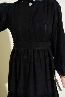 Gizli Düğmeli Kuşaklı Elbise Siyah - Elbise