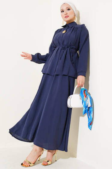 Gizli Düğmeli Kuşaklı Etekli İkili Takım Lacivert - İkili Takım