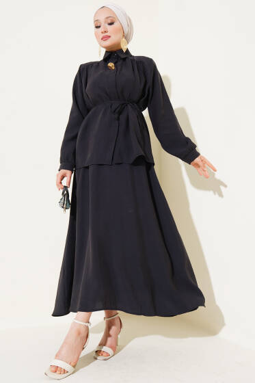 Gizli Düğmeli Kuşaklı Etekli İkili Takım Siyah - İkili Takım