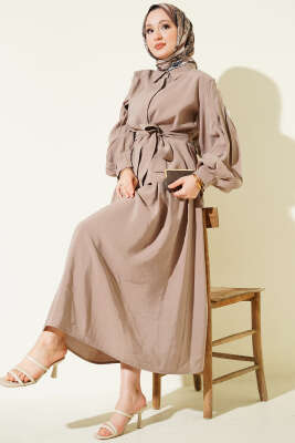 Gizli Düğmeli Kuşaklı Modal Etekli Takım Bej - MODA NORVELLA