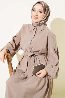 Gizli Düğmeli Kuşaklı Modal Etekli Takım Bej - İkili Takım