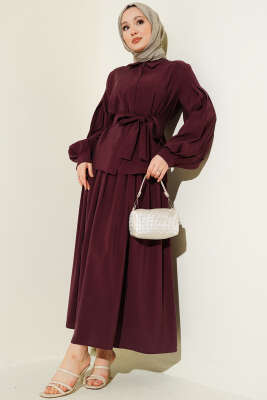 Gizli Düğmeli Kuşaklı Modal Etekli Takım Bordo - MODA NORVELLA