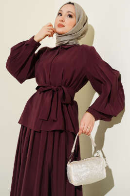 Gizli Düğmeli Kuşaklı Modal Etekli Takım Bordo - İkili Takım