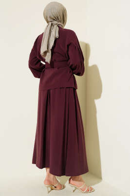 Gizli Düğmeli Kuşaklı Modal Etekli Takım Bordo - İkili Takım