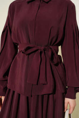 Gizli Düğmeli Kuşaklı Modal Etekli Takım Bordo - İkili Takım