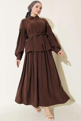 Gizli Düğmeli Kuşaklı Modal Etekli Takım Kahve - MODA NORVELLA