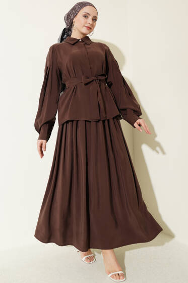 Gizli Düğmeli Kuşaklı Modal Etekli Takım Kahve - İkili Takım