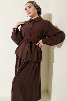 Gizli Düğmeli Kuşaklı Modal Etekli Takım Kahve - İkili Takım