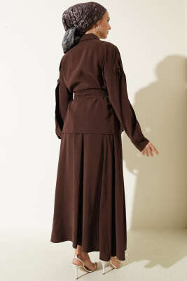 Gizli Düğmeli Kuşaklı Modal Etekli Takım Kahve - İkili Takım