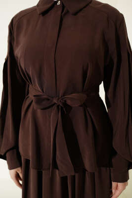 Gizli Düğmeli Kuşaklı Modal Etekli Takım Kahve - İkili Takım