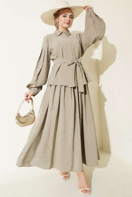 Gizli Düğmeli Kuşaklı Modal Etekli Takım Nefti - MODA NORVELLA