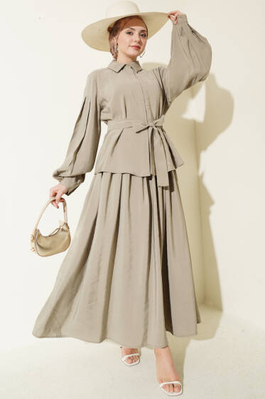 Gizli Düğmeli Kuşaklı Modal Etekli Takım Nefti - İkili Takım