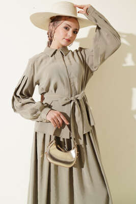 Gizli Düğmeli Kuşaklı Modal Etekli Takım Nefti - İkili Takım