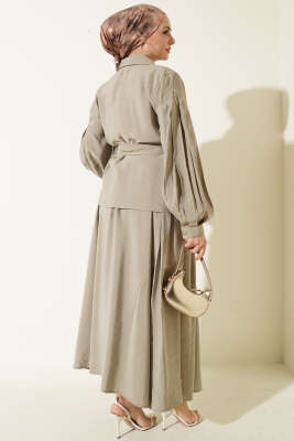 Gizli Düğmeli Kuşaklı Modal Etekli Takım Nefti - İkili Takım