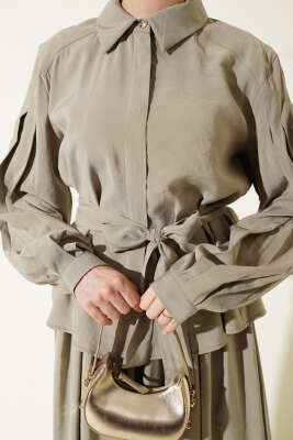 Gizli Düğmeli Kuşaklı Modal Etekli Takım Nefti - İkili Takım