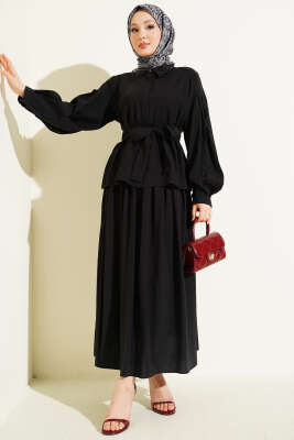 Gizli Düğmeli Kuşaklı Modal Etekli Takım Siyah - MODA NORVELLA