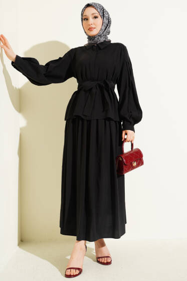 Gizli Düğmeli Kuşaklı Modal Etekli Takım Siyah - İkili Takım