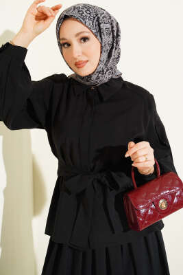 Gizli Düğmeli Kuşaklı Modal Etekli Takım Siyah - İkili Takım